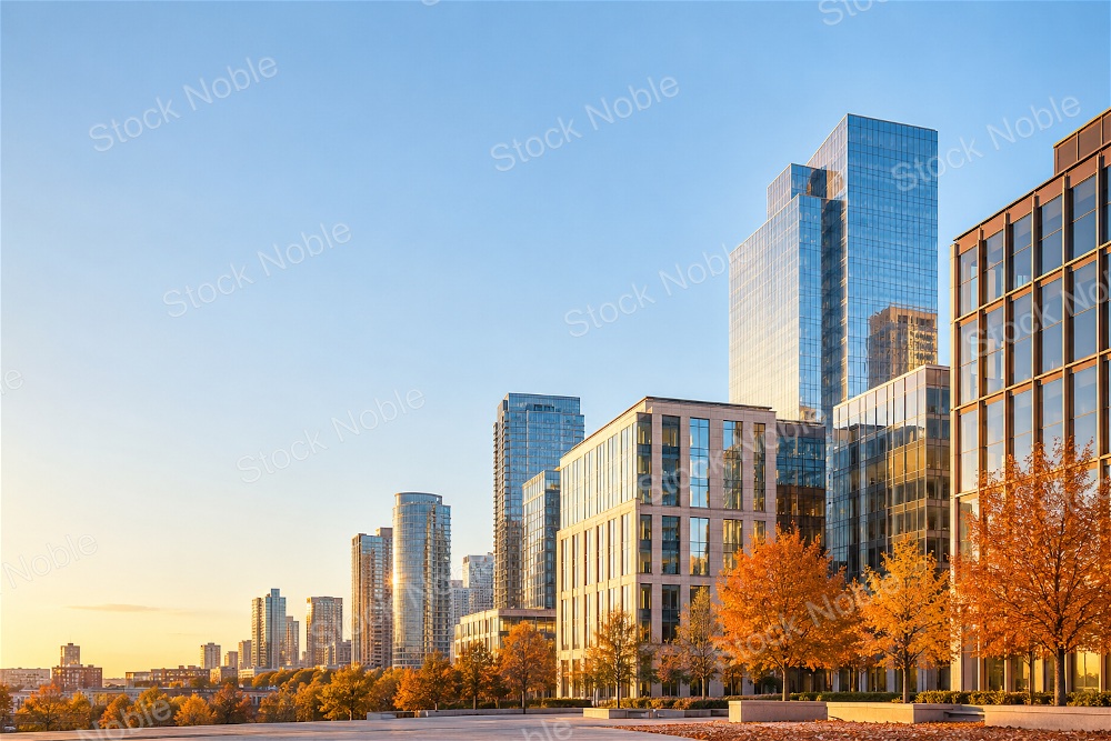 Modern Glass Towers Above Golden Autumn Trees at Sunset