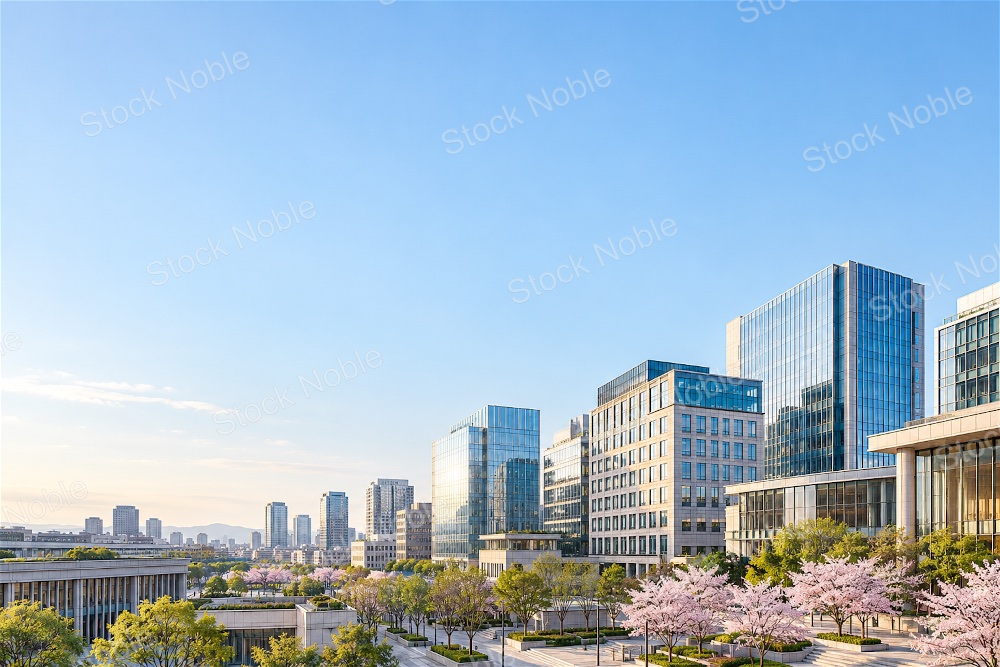 Modern Glass Buildings Above Pink Spring Blossoms and Trees