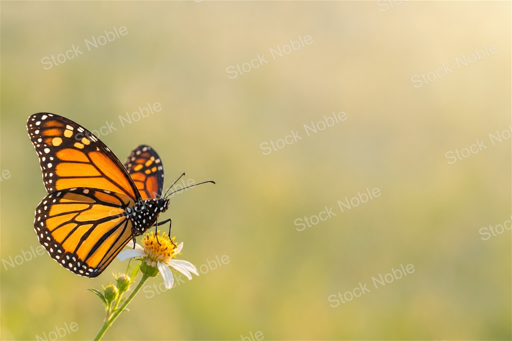 Monarch Butterfly Resting on a White Meadow Flower in Sunlight